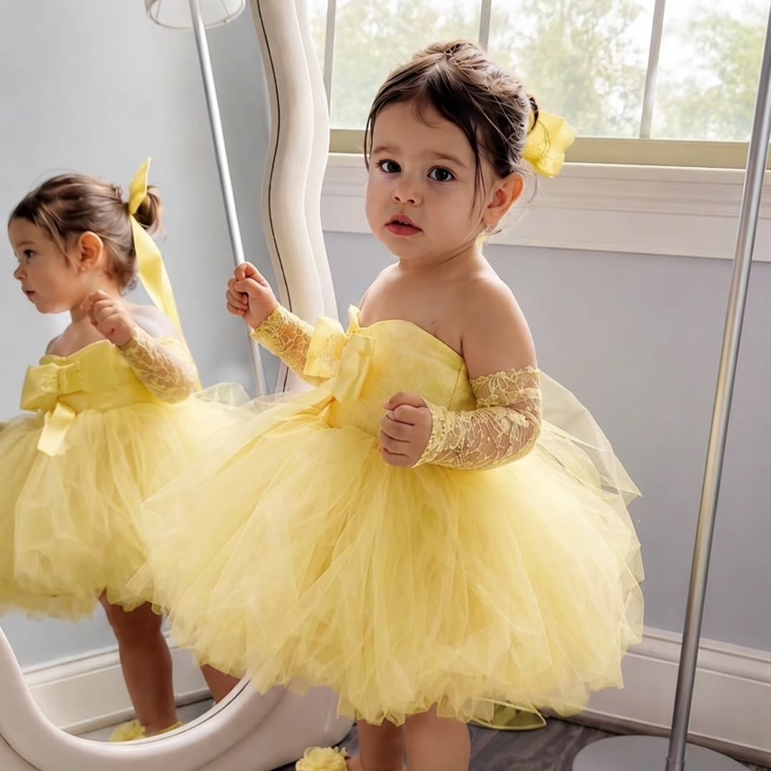Embroidery Yellow Flower - ชุดเดรสเจ้าหญิงสีเหลืองสำหรับงานแต่งงาน แบบเปิดไหล่ ความยาวระดับเข่า สำหรับเด็ก งานวันเกิด พิธีศีลมหาสนิท