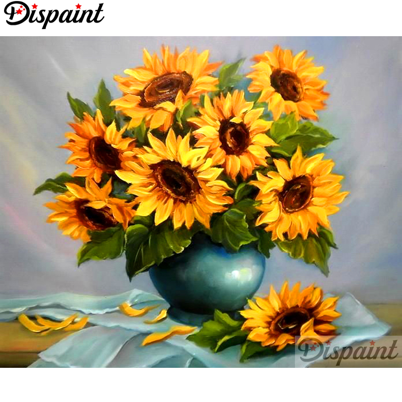 Embroidery Yellow Flower - ภาพปักเพชร 5 มิติ แบบเต็ม/แบบวงกลม ลายดอกไม้สีเหลือง งานปักครอสติช
