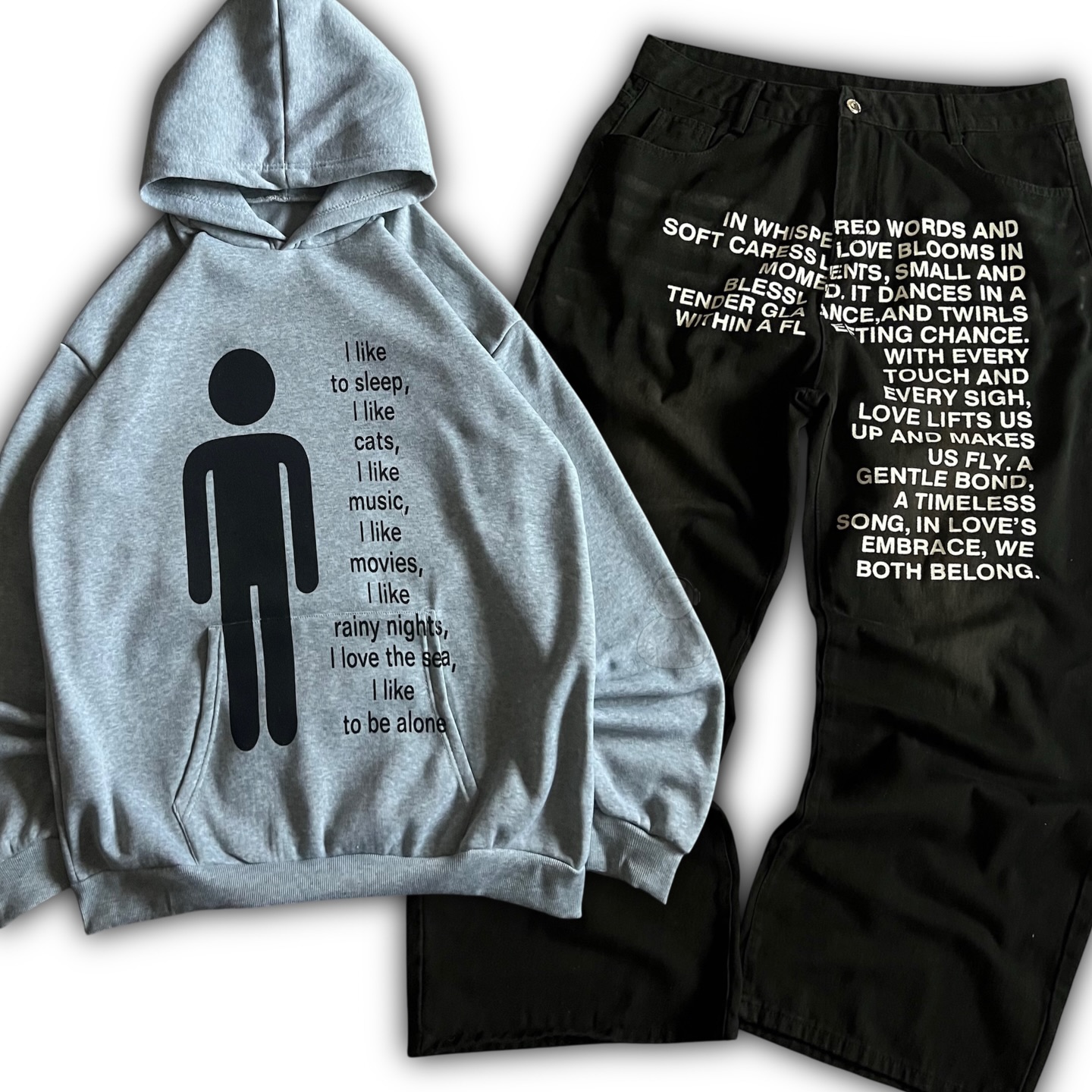 Embroidery Set - กางเกงยีนส์ลายอเมริกัน Y2K เสื้อฮู้ดดี้ผู้ชาย ชุดสตรีทแวร์สไตล์โกธิค ฮาราจูกุ ฮิปฮอป