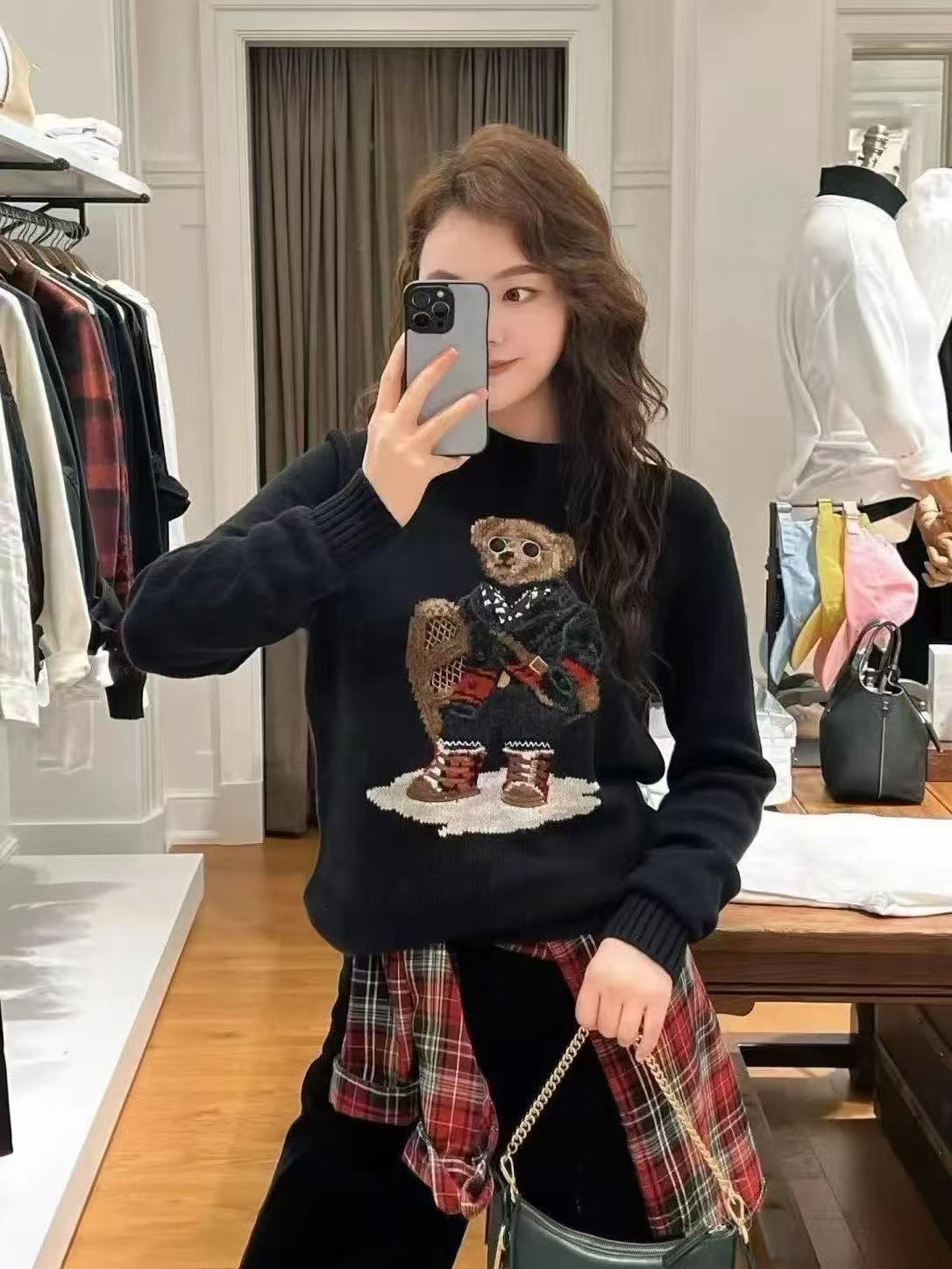 Embroidery Hoop Stand - เสื้อสเวตเตอร์ไหมพรมถักลายหมีเท็ดดี้ สำหรับฤดูหนาว แบบยูนิเซ็กซ์ ลายดอกไม้ทอหนา ตัดสี แขนยาว
