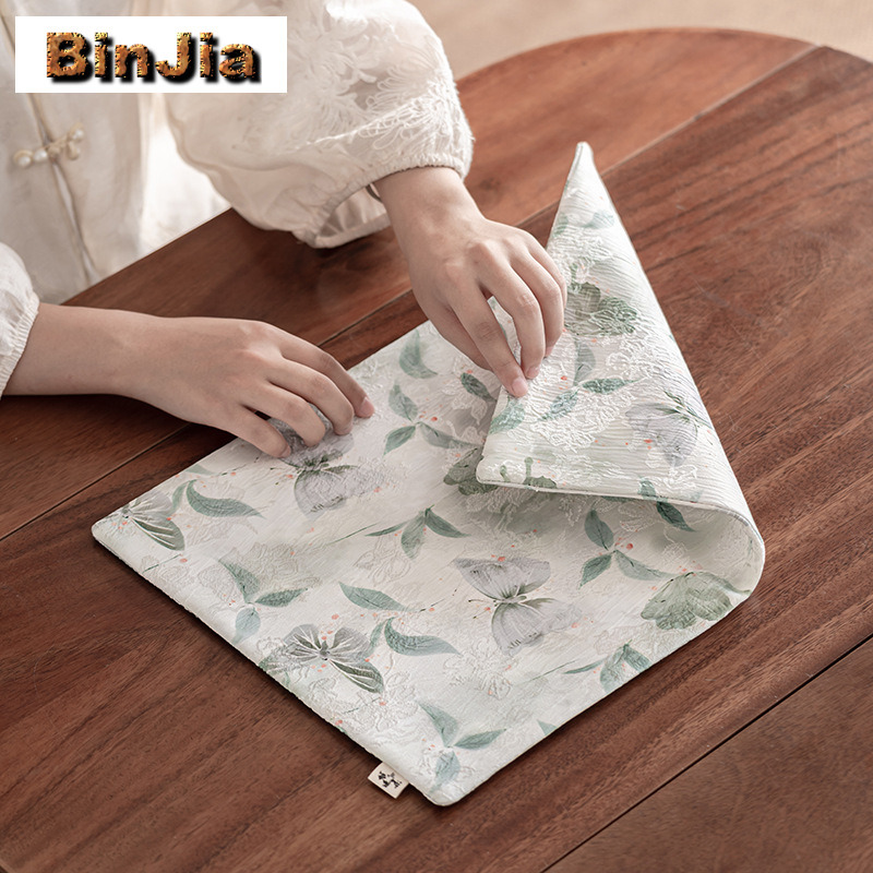 Embroidery Service - ผ้ารองจานปักลายผีเสื้อสองด้าน ผ้ารองแก้วโบราณ ผ้าปูโต๊ะอาหาร ชุดน้ำชา งานฝีมือ