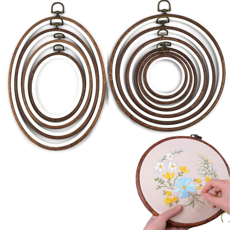 Embroidery Hoop Stand - ชุดวงแหวนปักผ้าพลาสติก 10 ชิ้น รูปทรงกลมและวงรี ลายไม้ สำหรับงานปักครอสติช
