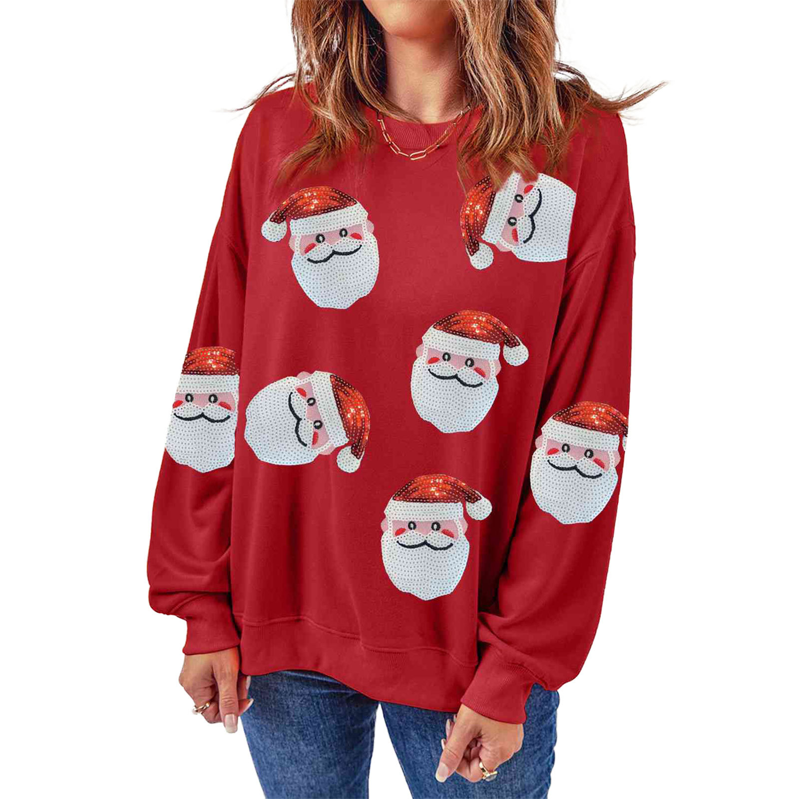 Embroidery Online Designs - เสื้อสเวตเตอร์คริสต์มาส คอกลม มีฮู้ด ลายหัวซานต้า ปักลูกปัด แฟชั่นผู้หญิง