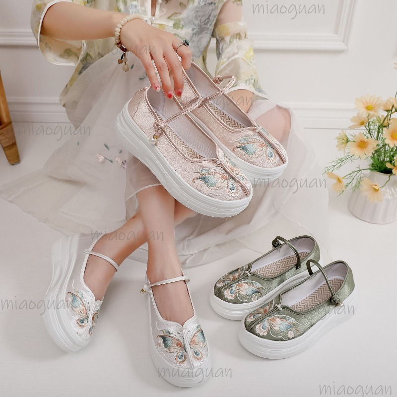 Embroidery Style - รองเท้าส้นหนาสไตล์จีนสำหรับผู้หญิง ปักลายผีเสื้อ สายรัดข้อเท้า ใส่สบาย ลำลอง รองเท้าผ้าใบสไตล์ชาติพันธุ์