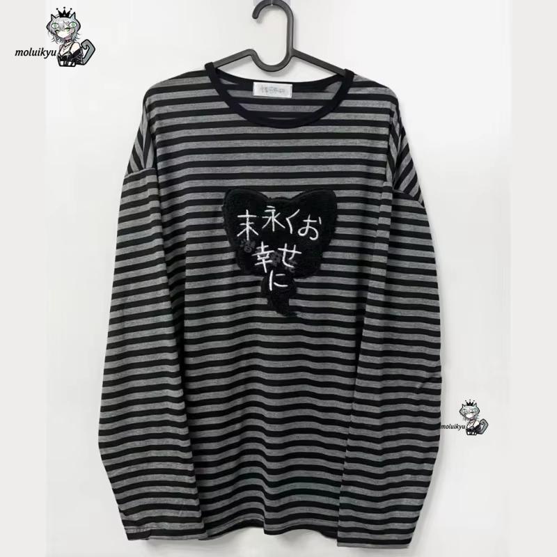 Embroidery Style - เสื้อยืดแขนยาวคอกลมสไตล์อเมริกันพังก์วินเทจ Y2K ลายทางเข้ากับทุกชุด ดีไซน์ฮาราจูกุ ปักลายสวยงาม สไตล์ไฮสตรีท