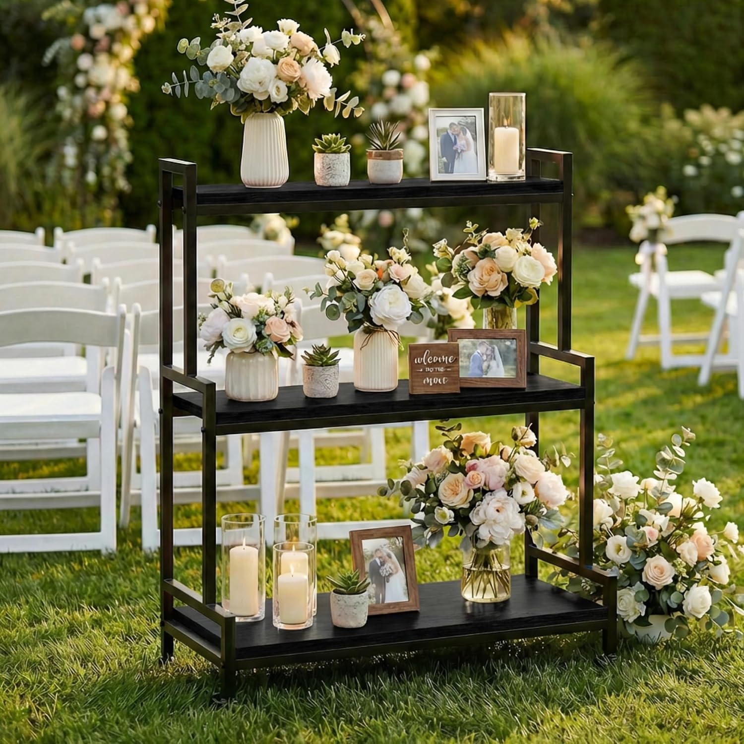 Frame Display Wood - ชั้นวางต้นไม้แบบ 3 ชั้น ทรงบันได พร้อมล้อเลื่อน โครงเหล็กไม้เนื้อแข็ง
