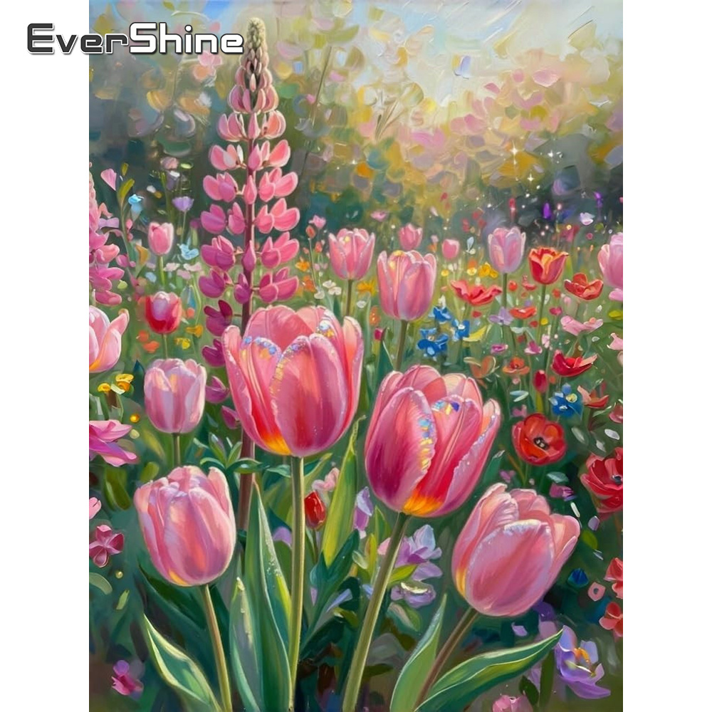 Embroidery Design Patterns Flowers - เอเวอร์ไชน์ 11CT ชุดเย็บปักถักร้อยผ้าใบพิมพ์ลายดอกไม้อุปกรณ์เย็บปักถักร้อยการออกแบบดอกทิวลิปสินค้าใหม่ตกแต่งบ้าน