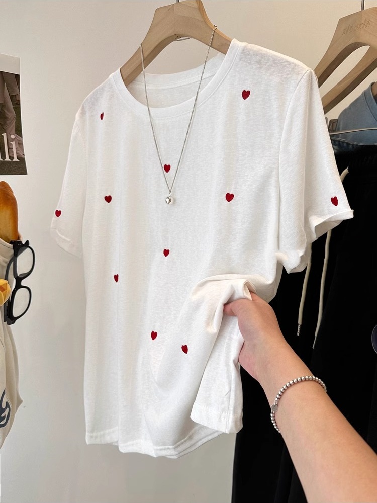 Embroidery Love - เสื้อยืดแขนสั้นผู้หญิงไซส์ใหญ่ 240 ปอนด์ ลายปักน่ารัก ผ้าฝ้ายลายเกล็ดหิมะ น้ำหนักเบา