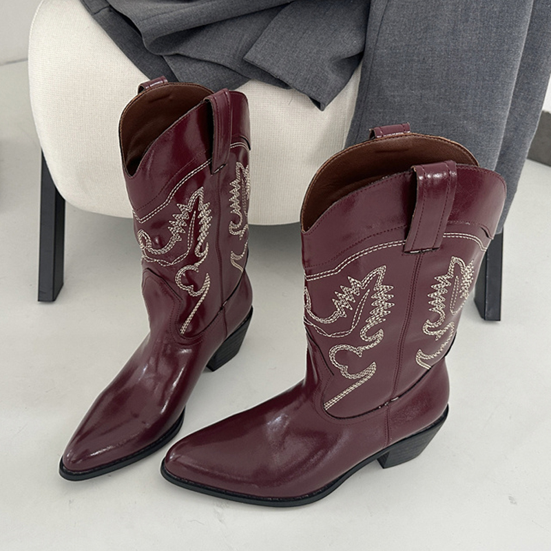 Embroidery Red - Liyke Designer ไวน์แดงหนัง Western Boots ผู้หญิง