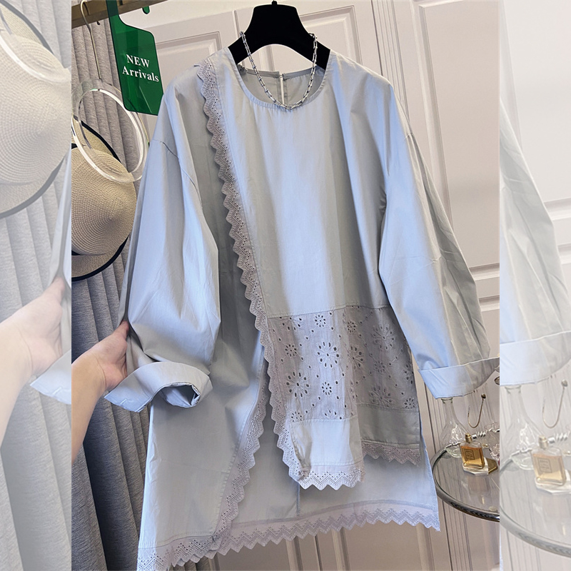 Embroidery Style - ซุปเปอร์เอ็น สปริง 2026 เสื้อแขนยาวสไตล์เกาหลีใหม่ ปักลายลูกไม้สีขาว แต่งผ้าปะติดปะต่อ