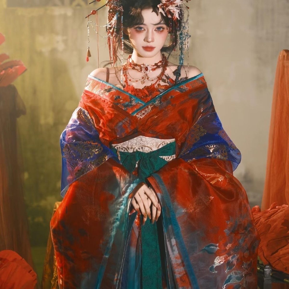 Embroidery Set - ชุดฮั่นฝูปักลายสีดำ-น้ำเงินสำหรับผู้หญิง รุ่นปรับปรุงใหม่ ชุดประจำชาติสำหรับงานคาร์นิวัล การแสดงบนเวที ชุดฮั่นแบบพิเศษสำหรับผู้หญิง