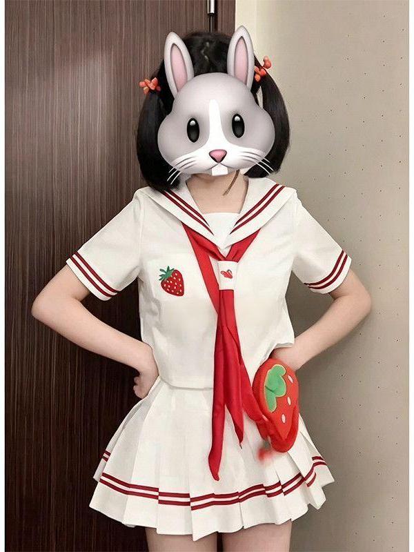 Embroidery Red - ชุดนักเรียนอนิเมะปี 2026 ลายปักสตรอว์เบอร์รี่ แขนสั้น ชุดกะลาสีสไตล์นักเรียน กระโปรงลายสก็อตสีขาวแดง