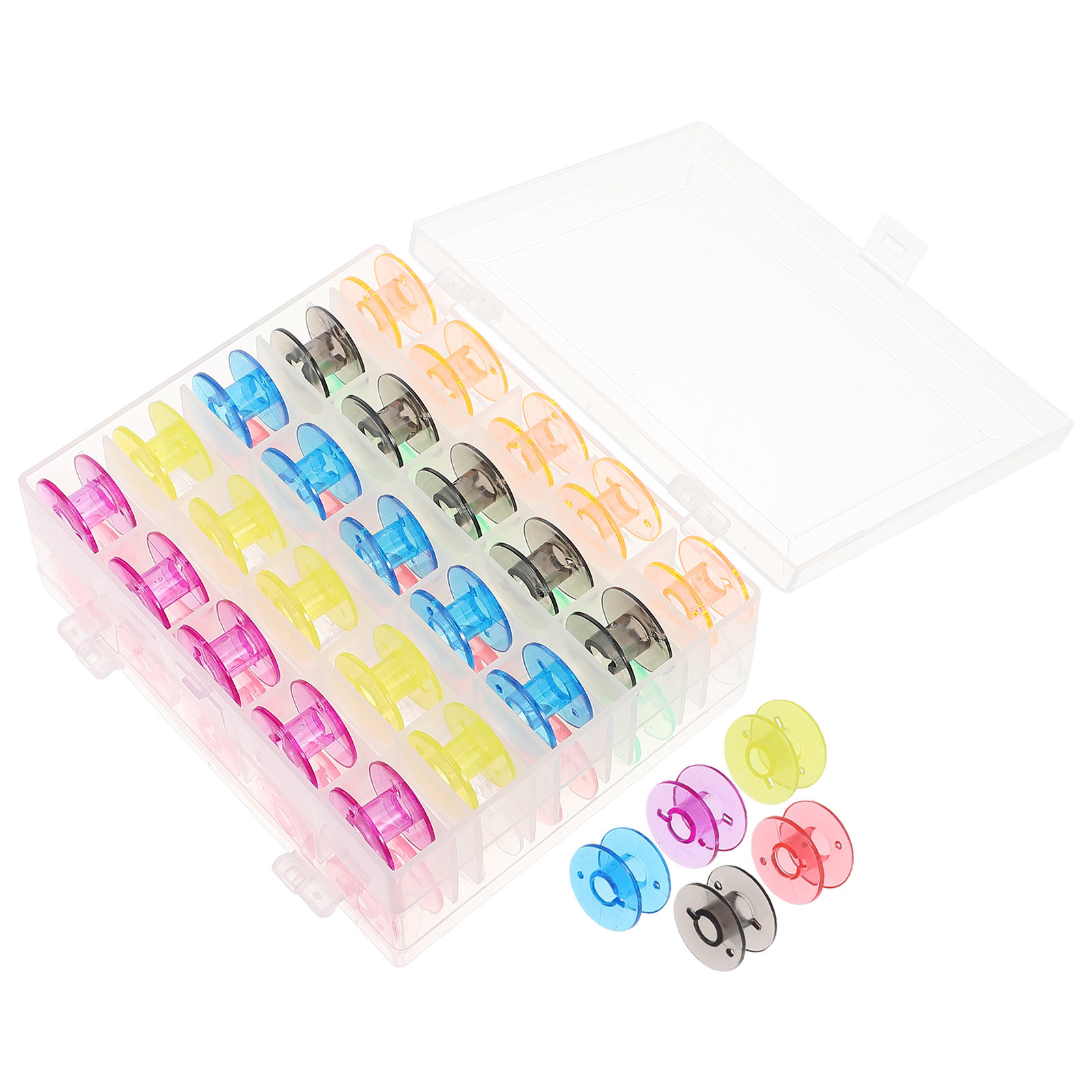 Embroidery Thread - 50 ชิ้น กระสวยจักรเย็บผ้า พลาสติกสีสันสดใส พร้อมกล่องเก็บอุปกรณ์ สำหรับงานปักและงาน