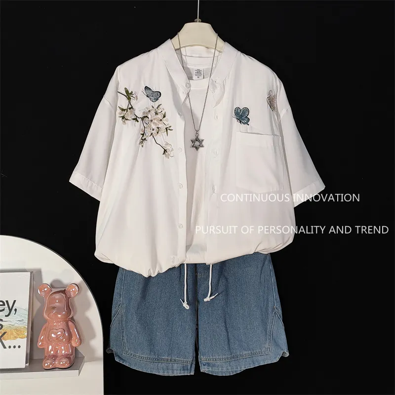 Embroidery Set - ชุด 3 ชิ้นสำหรับผู้ชาย เสื้อเชิ้ตแขนสั้นปักลายสไตล์จีน เสื้อกล้าม กางเกงยีนส์ขาสั้น