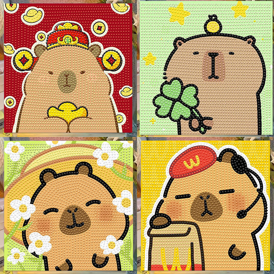 Embroidery Service - ภาพวาดตกแต่งคริสตัลเพชรลายการ์ตูนคาปิบารา พร้อมกรอบ ภาพวาดศิลปะ 5D ชุดปักครอสติช DIY