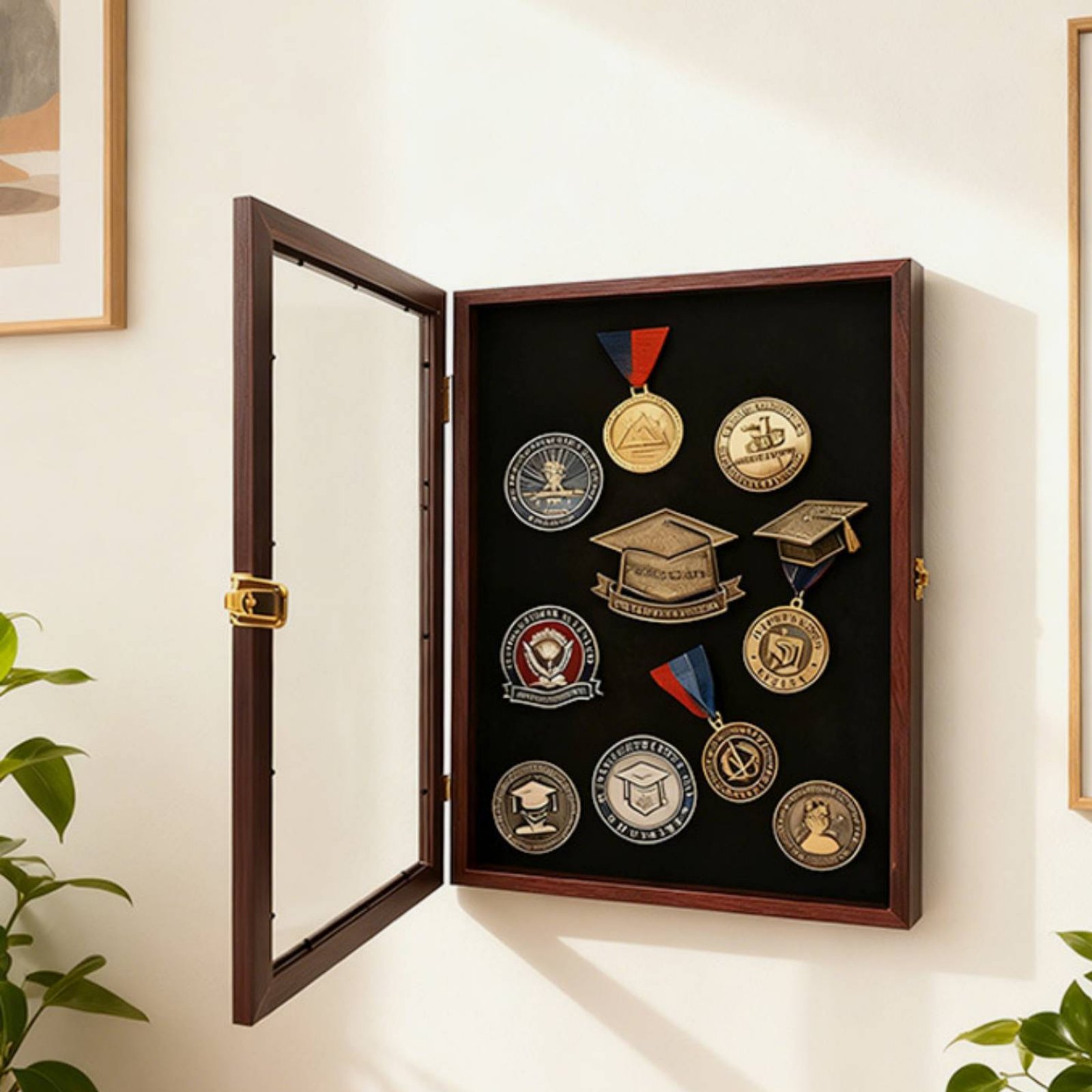 Frame Display Wood - กรอบแสดงเหรียญรางวัลแบบใส กรอบแสดงเหรียญรางวัลแบบติดผนัง กล่องเก็บเหรียญรางวัล ป้องกันฝุ่น กล่องสะสมแบบติดผนัง