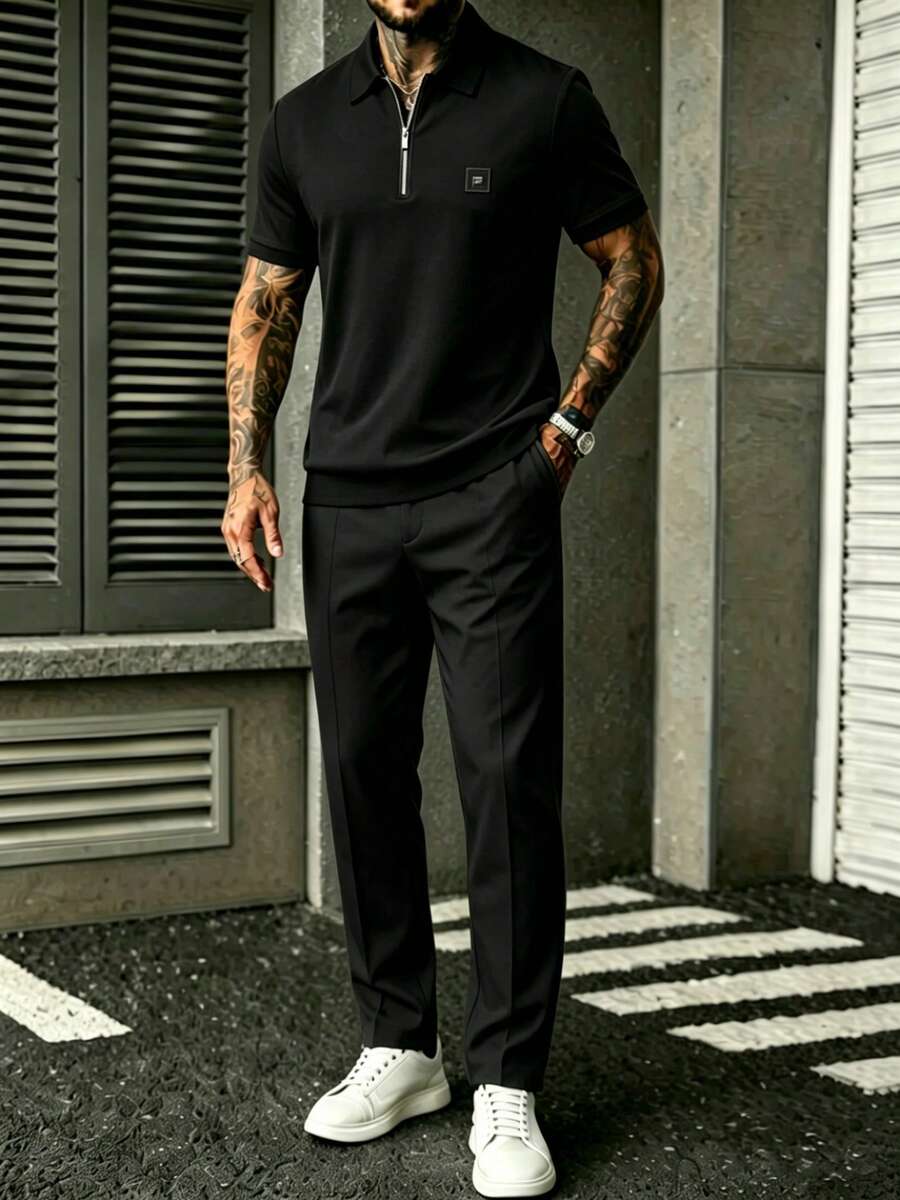 Embroidery Set - ชุดเสื้อเชิ้ตแขนสั้นสีดำพร้อมซิปและกางเกงขายาวสำหรับผู้ชาย พร้อมโลโก้ปักลาย สไตล์ลำลอง