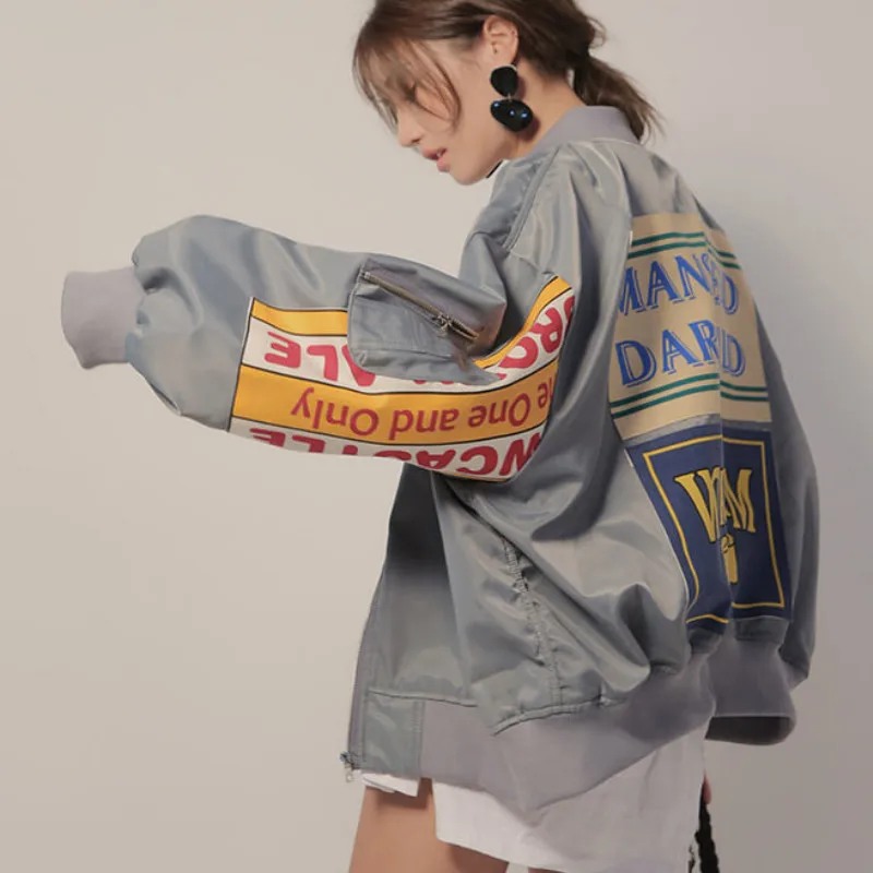Embroidery Design Patterns Flowers - Harajuku ตัวอักษรแจ็คเก็ตผู้หญิง Windbreaker Coat Patch หลวม