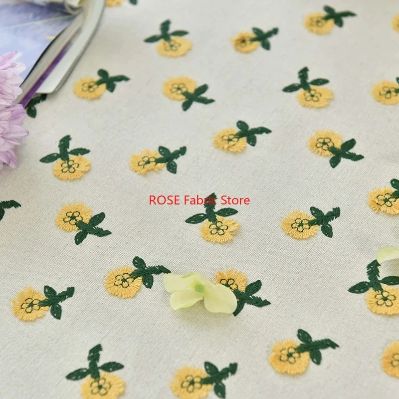 ผ้าฝ้ายลินินปักลายดอกไม้สีเหลื - Embroidery Yellow Flower บทวิจารณ์และราคา