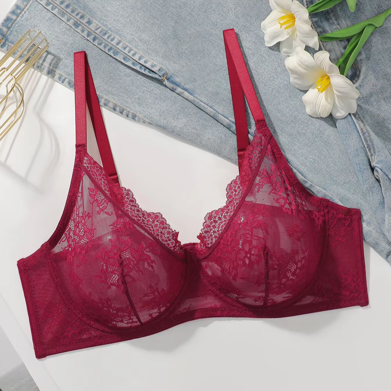 บราลูกไม้สีแดงสำหรับผู้หญิงไซส - Embroidery Red บทวิจารณ์และราคา