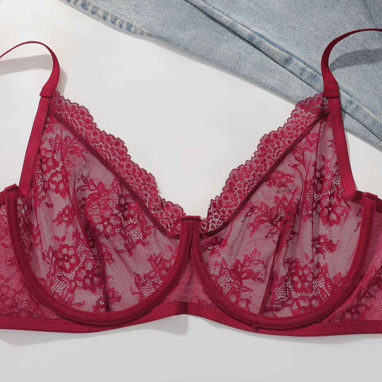 บราลูกไม้สีแดงสำหรับผู้หญิงไซส - Embroidery Red บทวิจารณ์และราคา