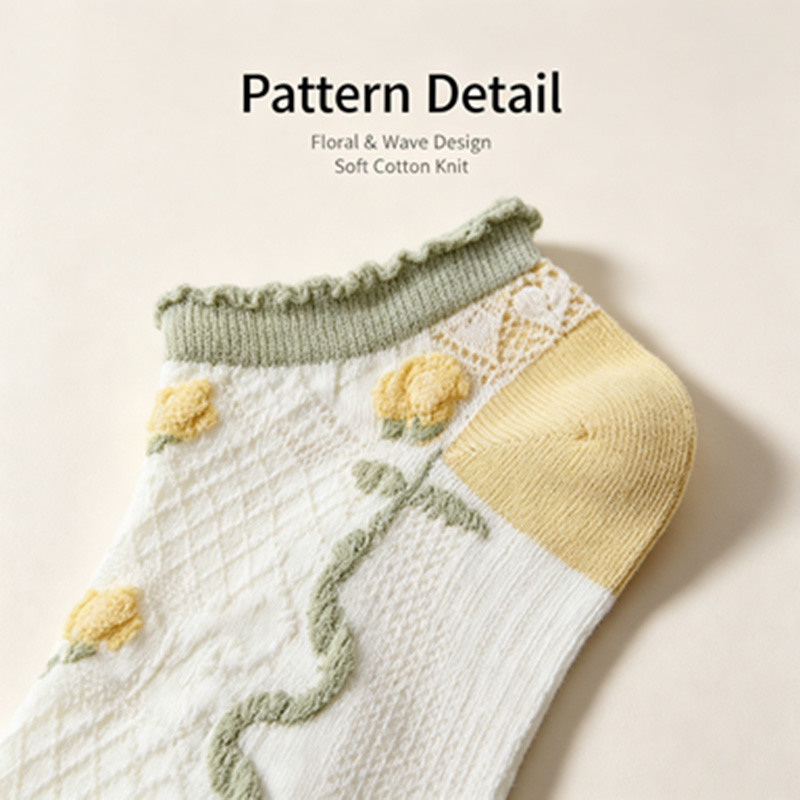 ถุงเท้าข้อเท้าผู้หญิง 5 คู่ ขอ - Embroidery Yellow Flower บทวิจารณ์และราคา