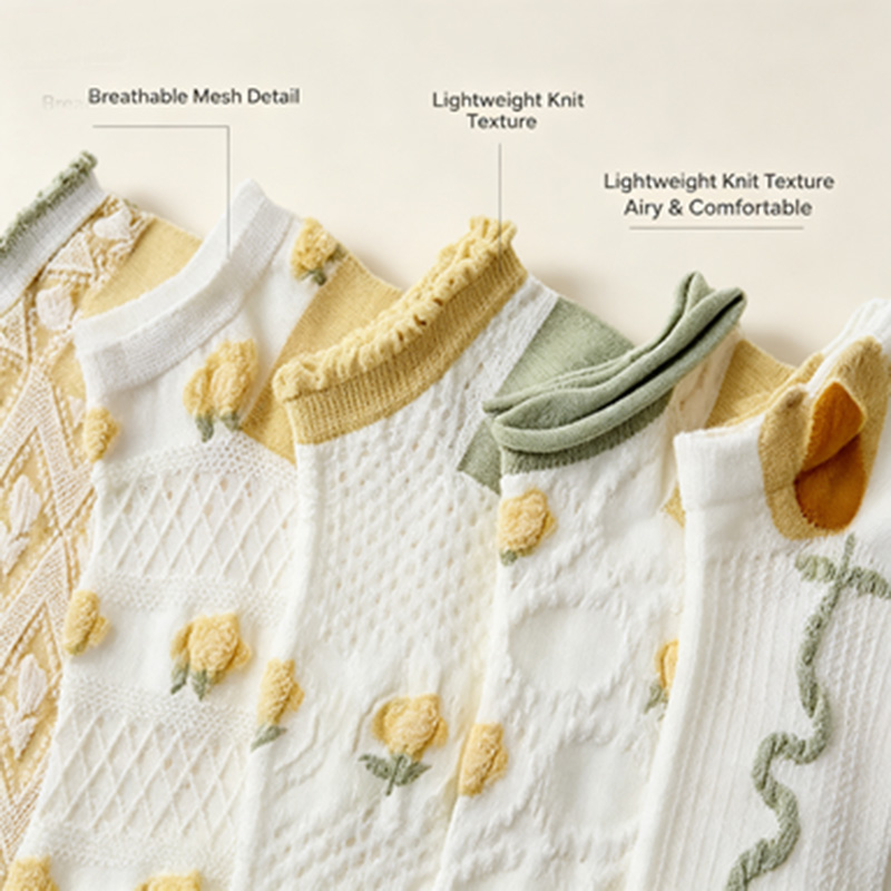 ถุงเท้าข้อเท้าผู้หญิง 5 คู่ ขอ - Embroidery Yellow Flower บทวิจารณ์และราคา